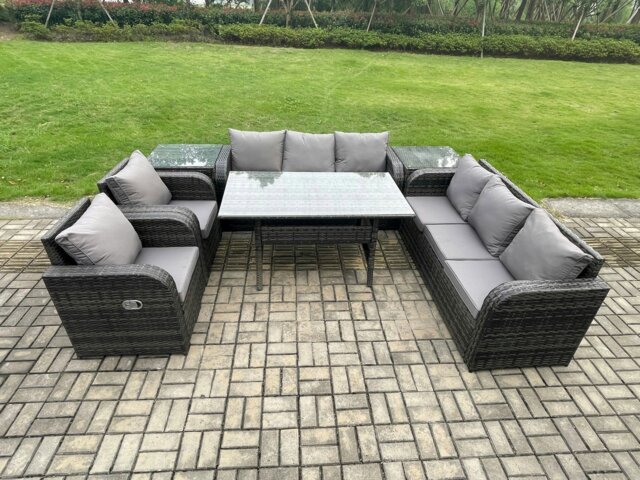 Rackhams Outdoor Garden Patio Furniture Wicker Rattan Oblong Rectangular Dining Table and Lounge Sofa set with 2 Side Table Dark Grey Mixed - image 1