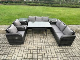 Rackhams Outdoor Garden Patio Furniture Wicker Rattan Oblong Rectangular Dining Table and Lounge Sofa set with 2 Side Table Dark Grey Mixed - thumbnail 1