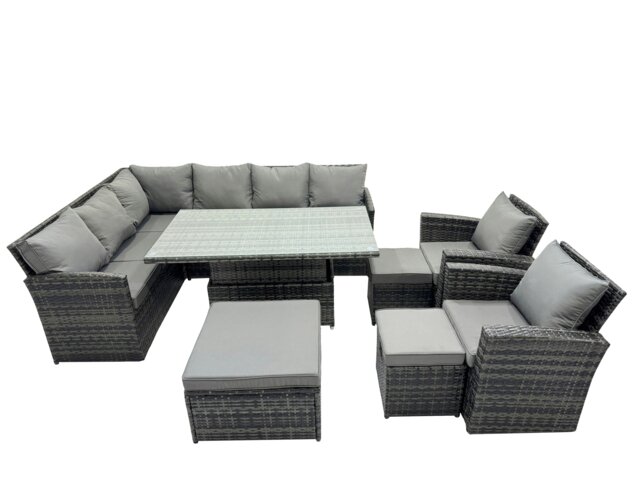Rackhams 11 Seat Rattan Outdoor Patio Height Adjustable Rising Lifting Table Corner Sofa Set with 3 Stool 2 Chairs for Garden Backyard Dark Grey Mixed - image 1