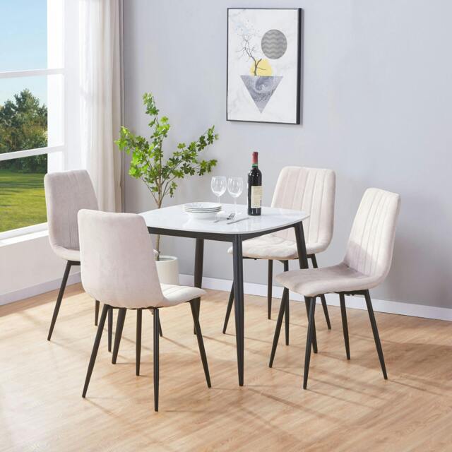 Rackhams Aspen Dining Set - White Sintered Stone Square Table & 4 Straight Stitch Dining Chairs - Natural