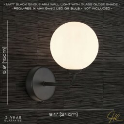 Rackhams Contemporary Chic Matte Black Wall Light with Opal White Globe Glass Shade - thumbnail 6