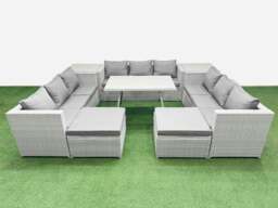 Rackhams 11 Seat Outdoor Patio PE Rattan Garden Furniture with Cushions 3 Seater Sofa 2 Side Tables 2 Big Stools Light Grey