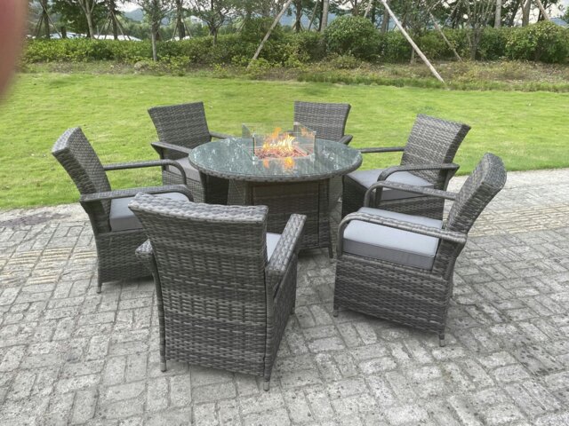 Rackhams Rattan Garden Furniture Gas Fire Pit Rectangle Round Dining Table And Dining Chairs 6 Seater + Round Table - image 1
