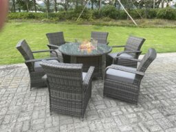 Rackhams Rattan Garden Furniture Gas Fire Pit Rectangle Round Dining Table And Dining Chairs 6 Seater + Round Table