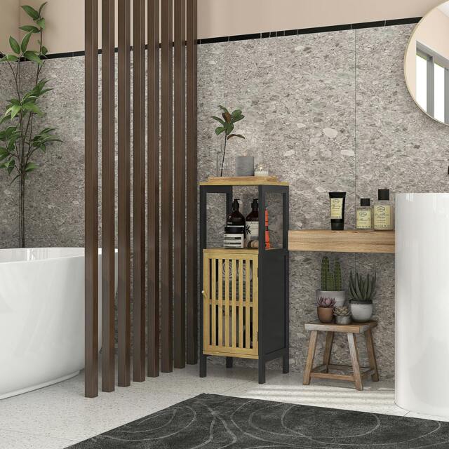 Rackhams Bathroom Floor Cabinet Bamboo Bathroom Cupboard with Adjustable Shelf - Black - image 1