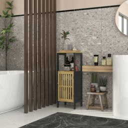 Rackhams Bathroom Floor Cabinet Bamboo Bathroom Cupboard with Adjustable Shelf - Black - thumbnail 3