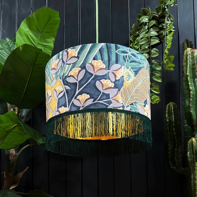 "Rackhams Hawk Moth Velvet Lampshade With Gold Lining and Hunter Fringing - Ceiling Pendant / Arc Lamp - 30cm Diameter x 25cm Height (12"" x 10"")" - image 1