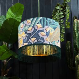 "Rackhams Hawk Moth Velvet Lampshade With Gold Lining and Hunter Fringing - Ceiling Pendant / Arc Lamp - 30cm Diameter x 25cm Height (12"" x 10"")" - thumbnail 1