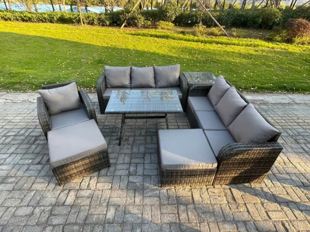 Rackhams Wicker 7 Pieces Rattan Garden Furniture Sofa Set with Rectangular Dining Table Armchair 2 Big Footstool Side Table Dark Grey Mixed - image 1