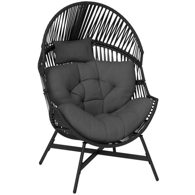 Rackhams Rattan Egg Chair, Oversized Freestanding Garden Egg Chair with Thick Tufted Cushion, Headrest, Steel Frame for Indoor and Outdoor Use, Charcoal Grey