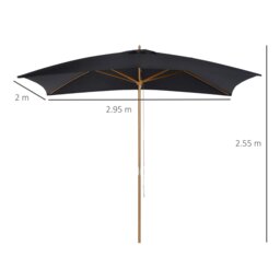 Rackhams 2 x 3m Wooden Garden Parasol Umbrella Outdoor Sun Shade Canopy, Table Market Umbrella with Vent, 38 mm Pole, Rope Pulley Mechanism, Black - Brown - 2m x 2.95m x 2.55m - thumbnail 6