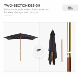 Rackhams 2 x 3m Wooden Garden Parasol Umbrella Outdoor Sun Shade Canopy, Table Market Umbrella with Vent, 38 mm Pole, Rope Pulley Mechanism, Black - Brown - 2m x 2.95m x 2.55m - thumbnail 5