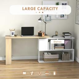 Rackhams Corner Desk with Rotating Design and Bookshelf, Natural and White - thumbnail 4