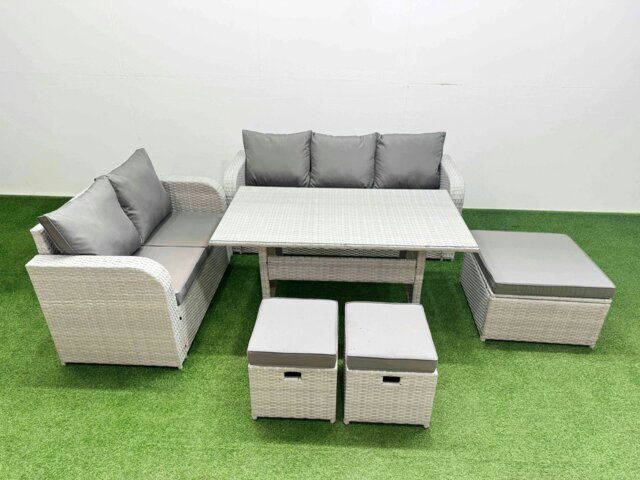 Rackhams 8 Seater PE Rattan Wicker Garden Furniture Patio Conservatory Sofa Set with Rectangular Dining Table 3 Seater Sofa Love Sofa 3 Stool - image 1