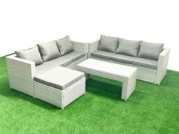 Rackhams 7 Seater Garden Outdoor Rattan Furniture Set Rattan Garden Sofa Oblong Coffee Table with Big Footstool Light Grey Mixed - thumbnail 1
