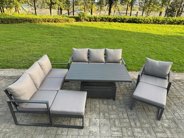 Rackhams 9 Seater Aluminium Garden Furniture Set - Dark Grey Adjustable Rising Dining Table with 2 Footstools - Dark Grey - image 1