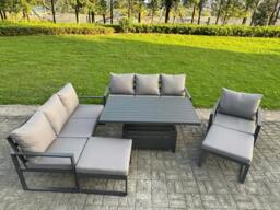 Rackhams 9 Seater Aluminium Garden Furniture Set - Dark Grey Adjustable Rising Dining Table with 2 Footstools - Dark Grey - thumbnail 1