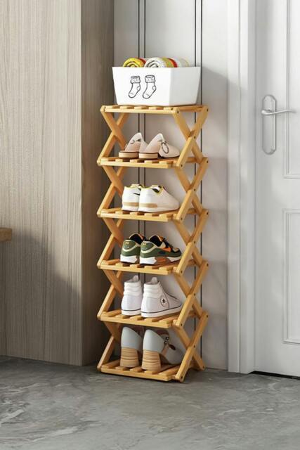Rackhams 9/8/7/6 Tier Bamboo Folding Shoe Rack Shoe Storage Organiser - Light Brown - S - image 1