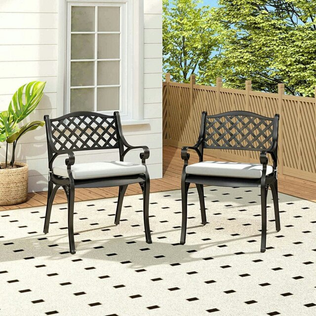 Rackhams Set of 2 Garden Chairs Cast Aluminium Armchairs with Cushion Black/White - Black - image 1