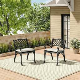 Rackhams Set of 2 Garden Chairs Cast Aluminium Armchairs with Cushion Black/White - Black - thumbnail 2