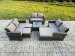 Rackhams Outdoor Lounge Sofa Set Wicker PE Rattan Garden Furniture Set with Square Coffee Table Double Seat Sofa 3 Footstools Dark Grey Mixed - thumbnail 2
