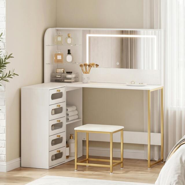 Rackhams Dressing Table with LED Mirror and Stool, Drawers, Vanity Desk, White - 120 - image 1