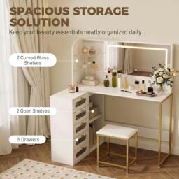 Rackhams Dressing Table with LED Mirror and Stool, Drawers, Vanity Desk, White - 120 - thumbnail 5