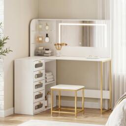 Rackhams Dressing Table with LED Mirror and Stool, Drawers, Vanity Desk, White - 120