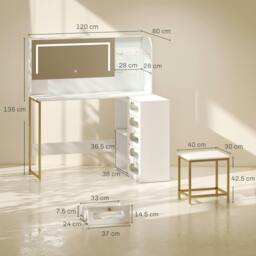 Rackhams Dressing Table with LED Mirror and Stool, Drawers, Vanity Desk, White - 120 - thumbnail 3