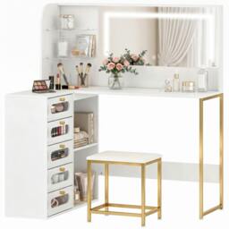 Rackhams Dressing Table with LED Mirror and Stool, Drawers, Vanity Desk, White - 120 - thumbnail 2