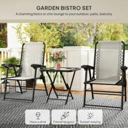 Rackhams 3 Pieces Folding Garden Bistro Set with Cup Holders, Cream White - thumbnail 4