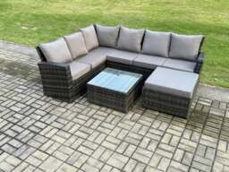 Rackhams Rattan Garden Furniture Set Outdoor Lounge Corner Sofa Sets With Square Coffee Table Big Footstool 7 Seater Dark Grey Mixed