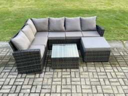 Rackhams Rattan Garden Furniture Set Outdoor Lounge Corner Sofa Sets With Square Coffee Table Big Footstool 7 Seater Dark Grey Mixed - thumbnail 2