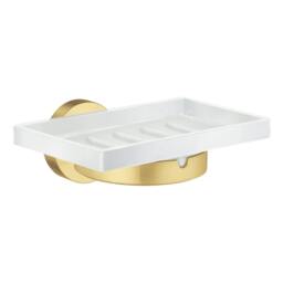 Rackhams Porcelain Rectangular Soap Dish Tray and Brushed Brass Wall Mounted Holder with Concealed Screws for Bath Shower Bathroom