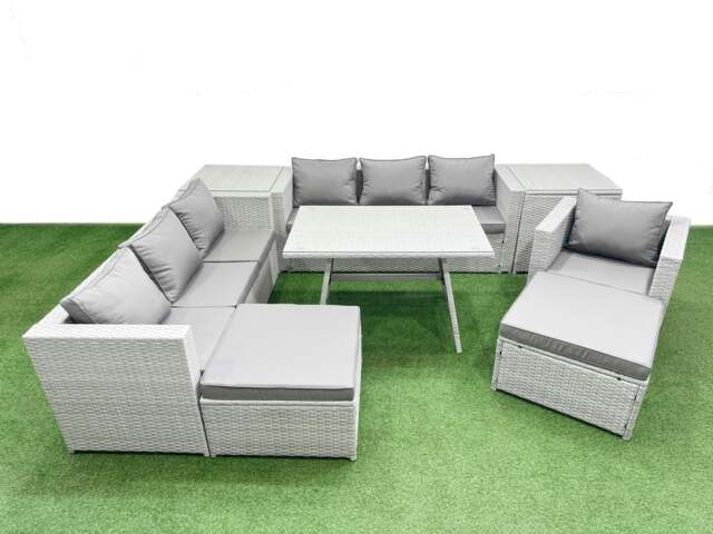 Rackhams Outdoor Rattan Garden Furniture Dining Set 9 seater Patio Rectangular Table 3 Seater Sofa Armchair Set with 2 Side Tables 2 Big Stools - image 1