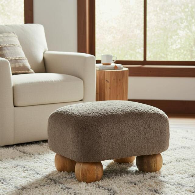 Rackhams Solid Wood Mocha Faux Fur Nordic Footstool - image 1