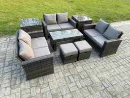 Rackhams Outdoor U-Shape Sofa Set - Dark Grey Mixed PE Wicker Rattan Garden Furniture with Coffee Table & 2 Footstools - thumbnail 1