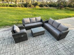 Rackhams 7 Seater Rattan Outdoor Garden Furniture Sofa Set Patio Table & Chairs Set with 3 Seater Sofa Reclining Chair 3 Seater Sofa Dark Grey Mixed - thumbnail 1