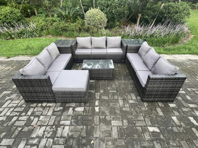 Rackhams 10 Seater Outdoor Lounge Sofa Set Wicker PE Rattan Garden Furniture Set with Oblong Coffee Table 2 Side Tables Big Footstool Dark Grey Mixed - image 1