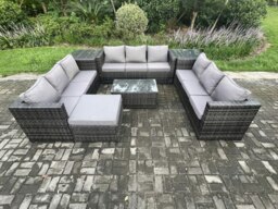 Rackhams 10 Seater Outdoor Lounge Sofa Set Wicker PE Rattan Garden Furniture Set with Oblong Coffee Table 2 Side Tables Big Footstool Dark Grey Mixed - thumbnail 2