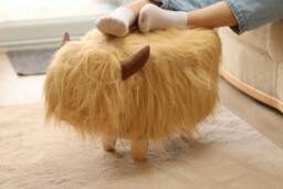 Rackhams Harrington The Highland Cow Footstool – Soft Synthetic Fur with Wooden Legs - Light Brown - thumbnail 1