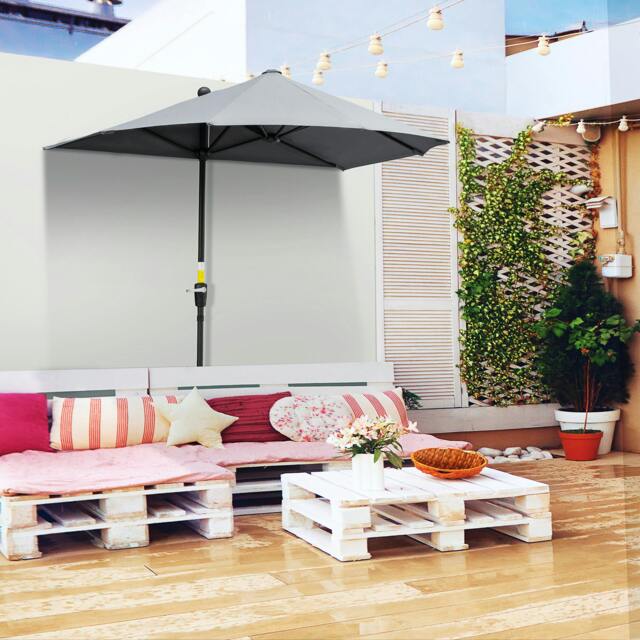 Rackhams 2m Half Parasol Market Umbrella Garden Balcony Parasol with Crank Handle, Cross Base, Double-Sided Canopy, Dark Grey - Dark Grey - 190cm x 200cm x 240cm - image 1