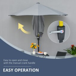 Rackhams 2m Half Parasol Market Umbrella Garden Balcony Parasol with Crank Handle, Cross Base, Double-Sided Canopy, Dark Grey - Dark Grey - 190cm x 200cm x 240cm - thumbnail 5