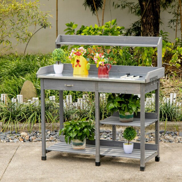 Rackhams Garden Potting Table Workstation w/ Metal Tabletop, Drawer, Shelves - image 1