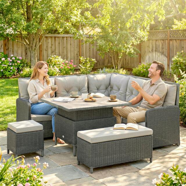 Rackhams 6 PCs Rattan Garden Furniture Sectional Corner Sofa, Dark Grey - Rattan sofa set - 6 - Galvanised metal, PE rattan, polyester - image 1