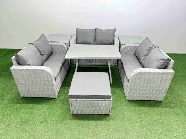 Rackhams Rattan Garden Furniture Dining Set 7 seater Patio Rectangular Table Love Sofa Set with 2 Side Tables Big Stool - image 1