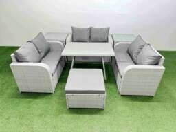 Rackhams Rattan Garden Furniture Dining Set 7 seater Patio Rectangular Table Love Sofa Set with 2 Side Tables Big Stool - thumbnail 1