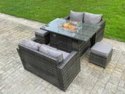 Rackhams Rattan Outdoor Furniture Gas Fire Pit Rectangle Dining Table Gas Heater Love Sofa Small Footstools Sets 6 Seater - thumbnail 4
