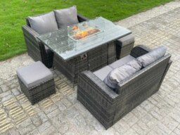 Rackhams Rattan Outdoor Furniture Gas Fire Pit Rectangle Dining Table Gas Heater Love Sofa Small Footstools Sets 6 Seater