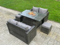 Rackhams Rattan Outdoor Furniture Gas Fire Pit Rectangle Dining Table Gas Heater Love Sofa Small Footstools Sets 6 Seater - thumbnail 3